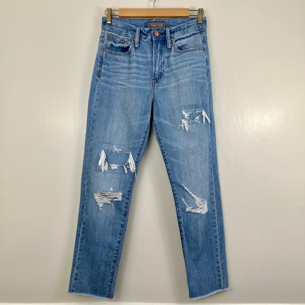 J. Crew Point Sur High Rise Retro Denim Distressed Light Wash Raw Hem Size 26